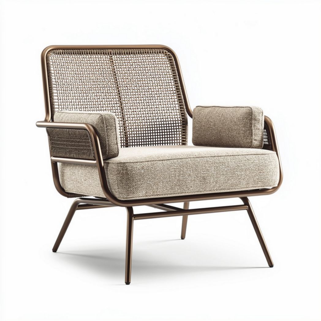 Fauteuil en rotin synthétique et tissu beige 70 x 80 x 85cm pour salon