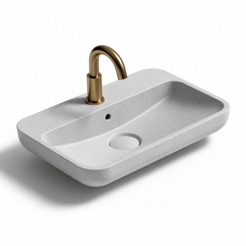 Lavabo en pierre composite couleur blanche avec robinet en laiton 50 x 30 x 15cm