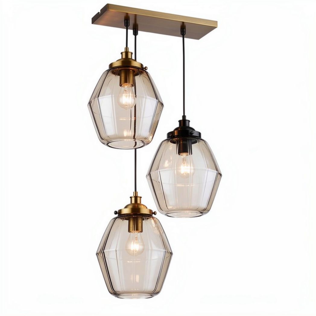 Suspension en verre transparent avec trois abat-jours hexagonaux en métal doré et noir 20 x 20 x 35cm