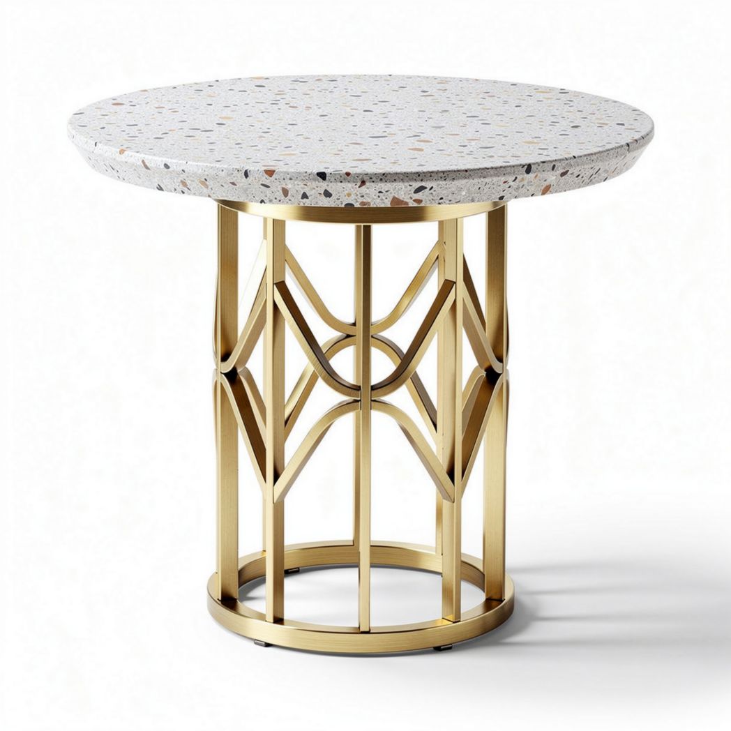 Table ronde en terrazzo de 60 x 60 x 50 cm avec pied en métal doré